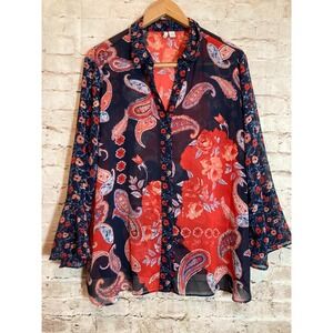 Cato Top Womens 18/20W Dark Romantic‎ Bell Sleeve Button Up Semi Sheer Mix Print